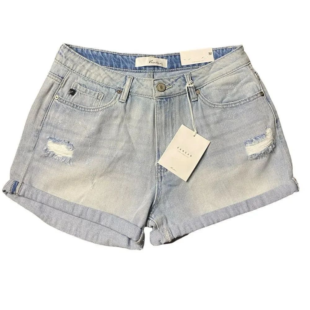 KanCan Wm’s Sz Med Blue Light Wash Distressed High Rise Rolled Cuff Denim Shorts
